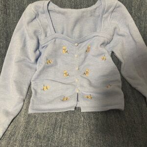 SHEIN Light Blue Floral Pearl-Button Knit Top